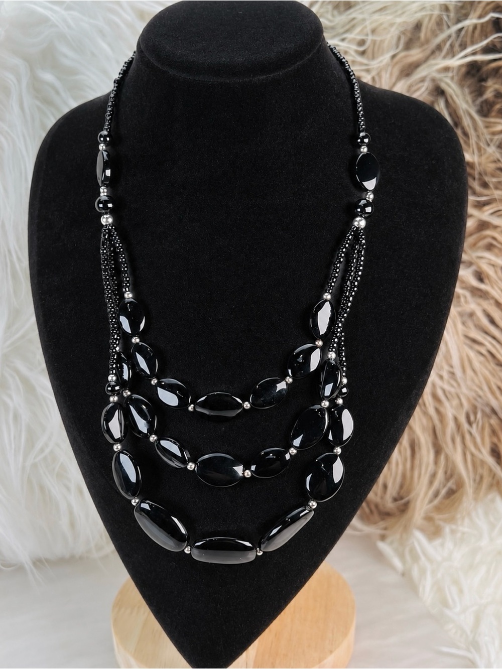 Three tier, black costume statement necklace